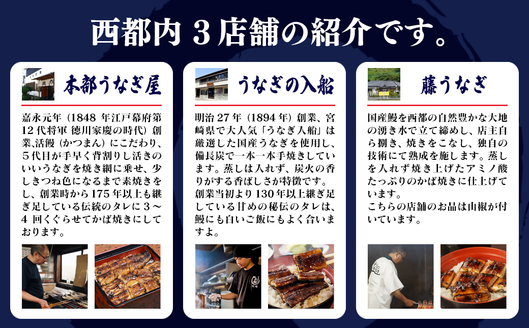 【3ヶ月定期便】（1月〜3月お届け）2027年発送 西都市うなぎ名店巡り 入船 本部うなぎ屋 藤うなぎ 国産 蒲焼 かば焼き 鰻 ウナギ＜1-13a＞