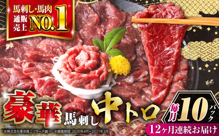 【全12回定期便】【熊本肥育】熊本ならでは！霜降り馬刺しをたっぷり楽しむセット 約500g 専用醤油付き 霜降り 中トロ 馬刺し 熊本 冷凍 馬肉 馬刺 ヘルシー 真空 パック 【株式会社 利他フーズ】 [YBX060]