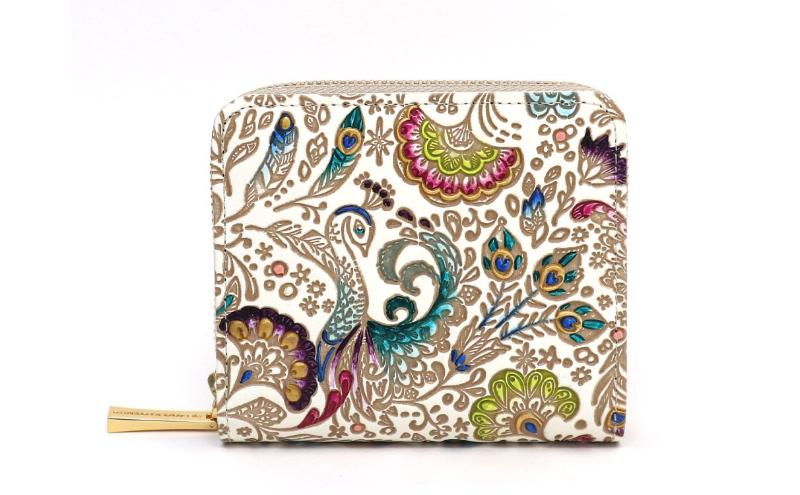 【文庫屋大関】二つ折りファスナーミニ財布 孔雀【皮革工芸品】財布 二つ折り 小物 お札 カード 小銭 コンパクト 牛革 手作り 日本製 墨田区 東京都