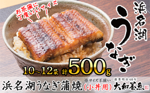 浜名湖うなぎ蒲焼（小丼用）計500g 【訳あり】サイズ不揃い10～12袋 加工品 養殖 老舗 手焼き 百貨店 ギフト カット 湯せん レンジ 美味しい 冷凍 食べきり 便利 簡単 調理 土用の丑の日 静岡県 浜松市