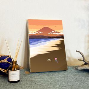 湘南・茅ヶ崎で描く、海を感じるイラストアート 『 湘南ランドスケープ11：湘南の富士と夕焼けの軌跡 』　キャンバスアートパネル（小） /絵画 風景 犬 猫
