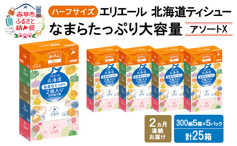 定期便 2ヵ月連続お届け エリエール ハーフサイズ 収納に便利 コンパクト 少量5パック [アソートX] 北海道ティシュー 300組 5箱×5パック 計25箱 なまらたっぷり 大容量  防災 常備品 備蓄品 消耗品 日用品