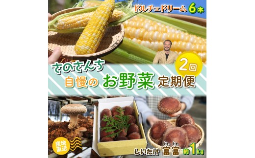 全2回 定期便 さのさんち 自慢のお野菜 ドルチェドリーム とうもろこし 6本 生 しいたけ 富富（とむとむ）約1kg さのさんち 椎茸 シイタケ 肉厚 ジューシー きのこ トウモロコシ 野菜 旬 安心 安全 JGAP認証農場 静岡県 藤枝市