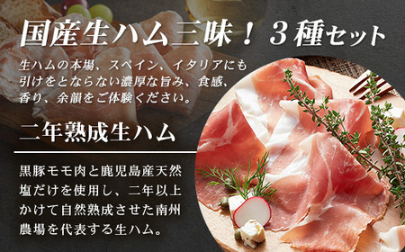 南州農場 国産生ハム三昧！ ハム好きのための 生ハム3種セット NS-33 | 熟成 生ハム 国産 南州黒牛 豚肉 ３種 セット 食べくらべ セット 県知事賞 食品産業センター会長賞 受賞 南大隅町 