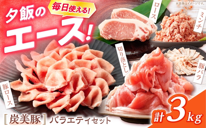 
                  西海市産 「炭美豚」 豚肉詰め合わせ バラエティセット　計3kg （5種）＜宮本畜産＞ 豚肉 セット 豚 便利 しゃぶしゃぶ 切り落とし バラ ロース 冷凍 国産 料理 使いやすい 甘い 塊 ブランド豚 ポーク 長崎 西海 [CFA093]
                