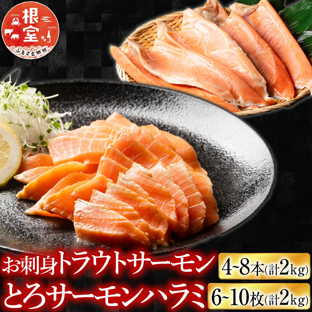 【ふるさと納税】 お刺身トラウトサーモン 4 ~ 8 本 ( 計 2kg ) ＆とろサーモンハラミ 6 ~ 10 枚 ( 計 2kg ) 鮭 さけ サケ しゃけ シャケ 魚 さかな サカナ お取り寄せ グルメ 海鮮 刺身 切身 北海道 根室市 ふるさと納税 F-09002