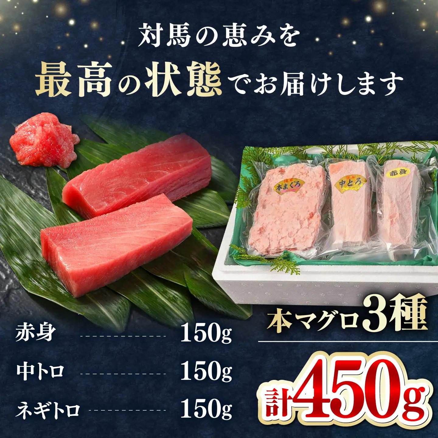 【1週間以内発送】対馬産 本マグロ 3種 計450g 赤身 中トロ ネギトロ [WAH002]  まぐろ 刺身 本マグロ スピード発送 最速発送 最短発送