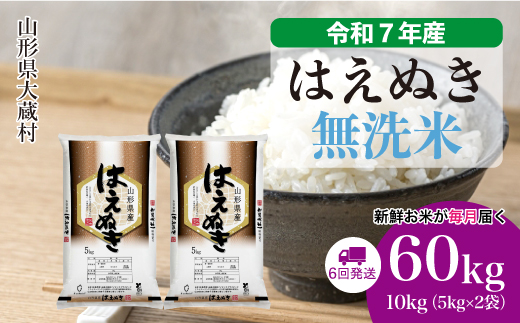 ＜令和7年産米＞ 令和7年12月中旬より発送 はえぬき【無洗米】60kg定期便(10kg×6回)