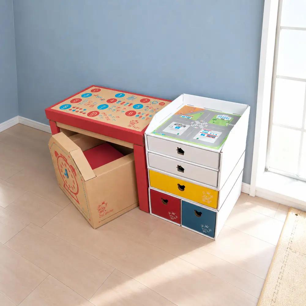 子供用ダンボール家具　ジュニアデスクチェア＆お片づけボックス＆１個・２個引き出しセット◇≪ダンボール 段ボール 収納 家具 段ボール家具 ダンボール家具 軽い 子供用 子供 キッズ おしゃれ デスク 