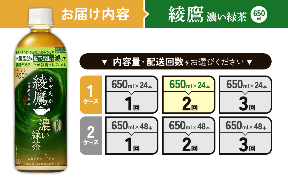 （2回定期便）綾鷹 濃い緑茶 650ml PET【コカ・コーラ】ペットボトル 1ケース(24本) 定期便 2回(48本) セット お茶 緑茶 抹茶 日本茶 茶葉 カテキン 内臓脂肪 皮下脂肪 健康 機能性表示食品 宮崎県 えびの市 送料無料