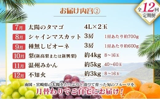 【12回定期便】旬 人気 フルーツ 南国宮崎産 マンゴー ライチ 金柑たまたまエクセレント シャインマスカット ピオーネ いちご みかん 梨 柑橘 太陽のタマゴ きんかん たまたま ぶどう 果物 詰め