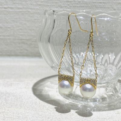 ふるさと納税 津山市 真珠　パール　ピアス　7ミリ　K18YG　ダイヤ　白百合真珠ダイヤモンドピアス