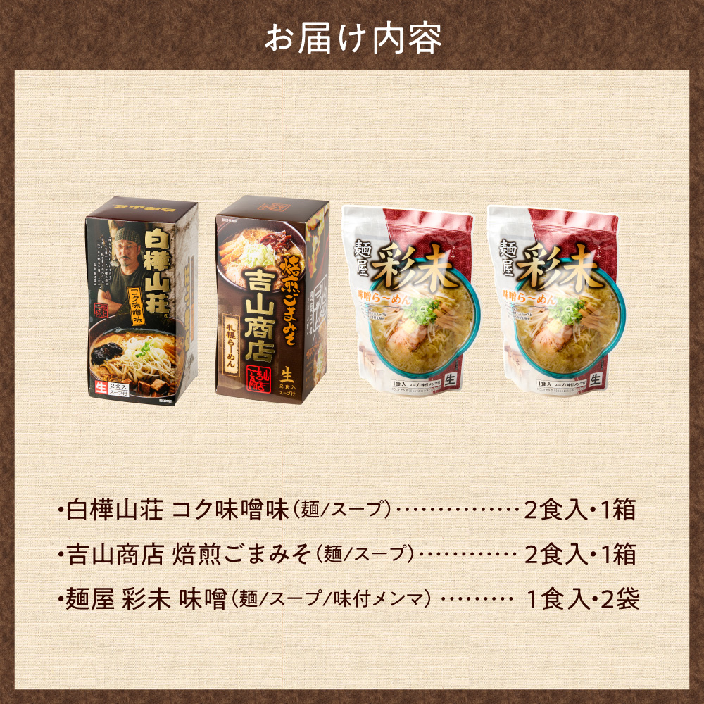 北海道ラーメン 味噌セット3種 彩未／白樺山荘／吉山商店 計6食 麺屋 彩未 麺処 白樺山荘 吉山商店 らーめん 詰め合わせ さっぽろ みそ ラーメン 食べ比べ 味噌味 森住製麺 生麺 産直 ご当地ラ