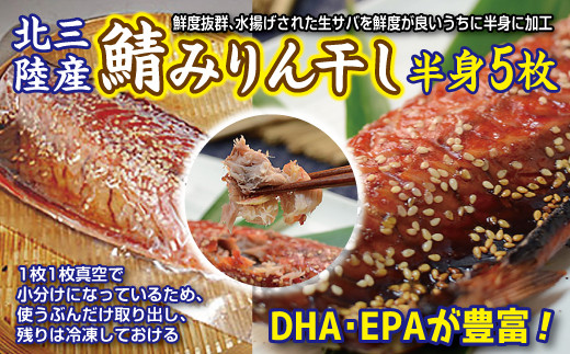 岩手県北三陸産 さばみりん干し 半身5枚（真空パック入り）サバ 鯖 切身 フィレ 魚 海鮮 焼き魚 おかず 小分け