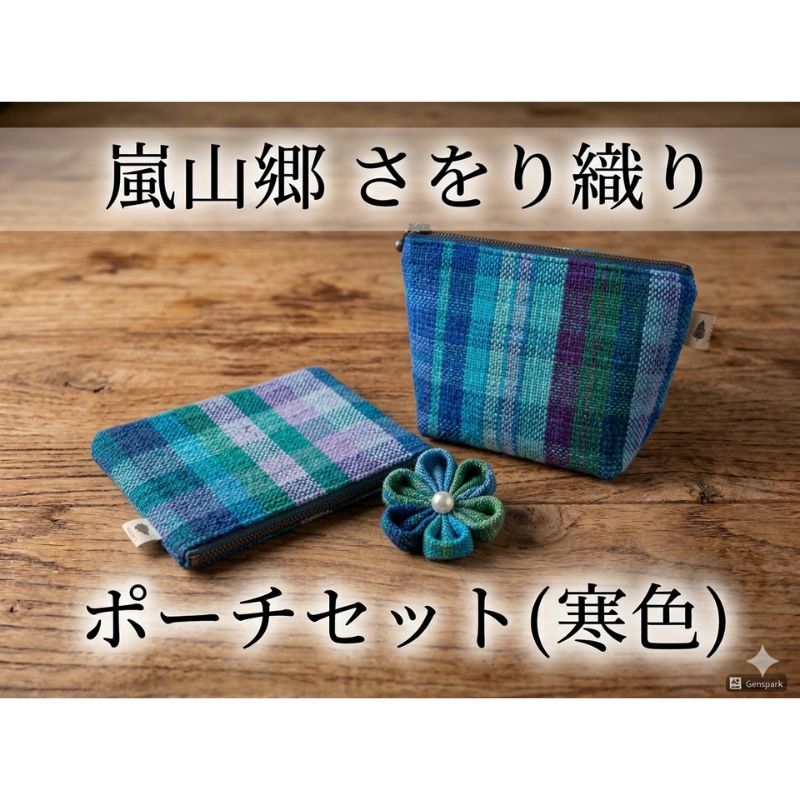 【ふるさと納税】さをり織り ポーチセット マチあり＆フラット 花ブローチ付（寒色）　手織り生地 雑貨 ハンドメイド 手作り
