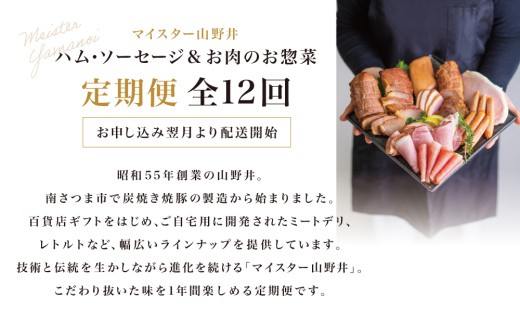 ［定期便 全12回］ハム・ソーセージ＆お肉のお惣菜 定期便〈マイスター山野井〉ハンバーグ 焼豚 焼き豚 ウインナー ローストビーフ チャーシュー 豚バラ モモ おかず 加工品 セット 詰合せ レトルト