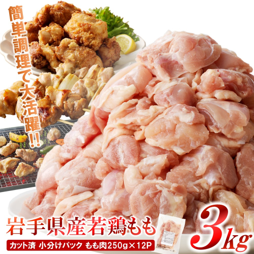 【6カ月or12ヶ月定期便】「便利な小分け、カット済！」岩手県産若鶏 もも肉250g×12P 計3kgセット