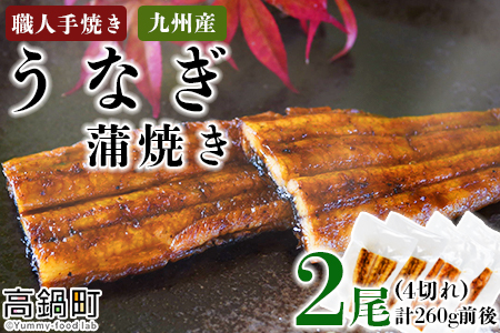 ＜職人手焼き九州産うなぎ 蒲焼き2尾（4切れ）計260g前後＞翌月末迄に順次出荷【c692_sk_x2】