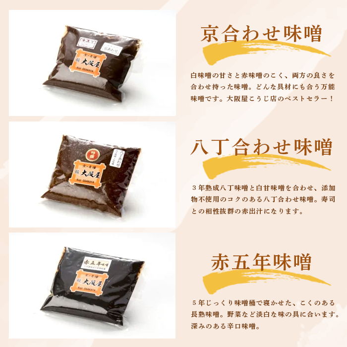 大阪屋こうじ店 謹製 五色 味噌 セット 無添加 みそ ５種類 お味噌 調味料 みそ 詰め合わせ 盛り合わせ 京合わせ味噌 麦田舎味噌 赤五年味噌 白甘味噌 八丁合わせ味噌  京合わせ味噌 白みそ 赤