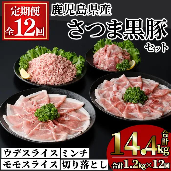 ＜定期便・全12回＞鹿児島県産 さつま黒豚 モリモリ おためし パック(合計14.4kg・1.2kg×12回) 【KNOT】T90