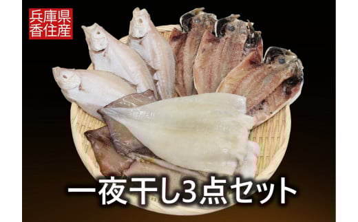 【一夜干し3点セット 産地直送】するめいか アジの開き エテガレイ 発送目安：入金確認後1ヶ月程度 兵庫県で水揚げされた3種の海産物を干物にしました 塩干物の命である塩にこだわり ミネラル分が多く含まれた天日海水塩で仕上げています 干物 日本海 兵庫県 香美町 香住 ハマダセイ 51-04