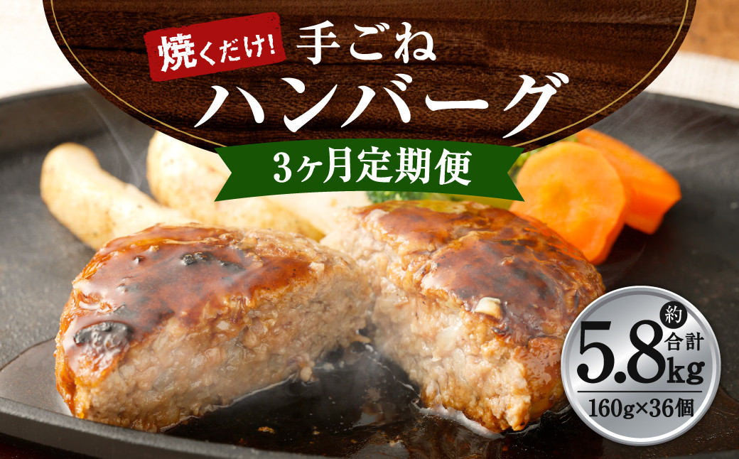 
            【3ヶ月定期便】手ごね ハンバーグ 約5.76kg（160g×12個）×3回
          
