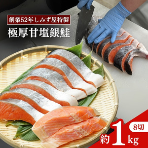 極厚 甘塩 銀鮭 切身 8切（約1kg）新潟県 上越市  創業52年しみず屋特製  ふっくら ジューシー 鮭 しゃけ サーモン  お弁当  冷凍  切り身  お取り寄せ  グルメ  送料無料　真空パック