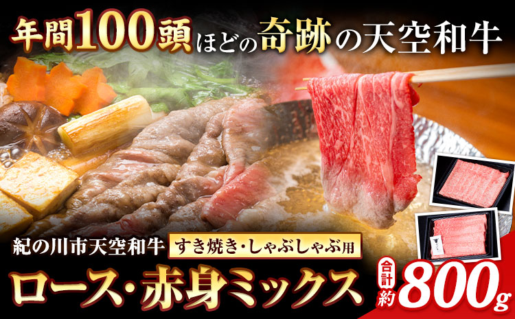 年間100頭程の希少な天空和牛!熊野牛 紀の川天空和牛 ロース 赤身 ミックス すき焼き しゃぶしゃぶ 用 合計 約800g 有限会社松牛 《30日以内に発送予定(土日祝除く)》 和歌山県 紀の川市 黒毛和牛 牛 牛肉（F)