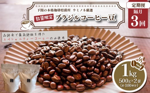 【定期便】【豆】 訳あり コーヒー豆 1kg ( 500g × 2袋 ) 隔月3回 合計 3kg 数量限定 ブラジル 珈琲 自家焙煎 下関 山口 再入荷 2024年度入荷分 