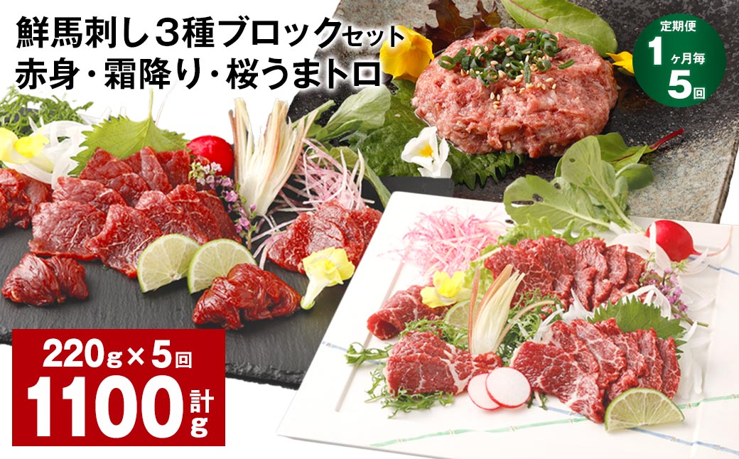 
【1ヶ月毎5回定期便】鮮馬刺し 3種ブロックセット 赤身・霜降り・桜うまトロ
