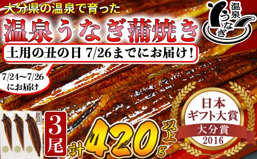 
                  土用の丑 までに（7/24～7/26）お届け 完全無投薬養殖 温泉うなぎ蒲焼 3尾 （140gサイズ）【大分水産】国産 食べきり 個包装 小分け 冷凍 レンチン 真空 贈答 ギフト 受賞 美味しい 蒲焼き かば焼き かばやき おすすめ 惣菜 ランキング うなぎ ウナギ 鰻 うな丼 うな重 うなどん うなじゅう 海鮮 国産 九州 大分県 スタミナ 夏バテ 丑の日 土用の丑の日 ＜104-061＞
                