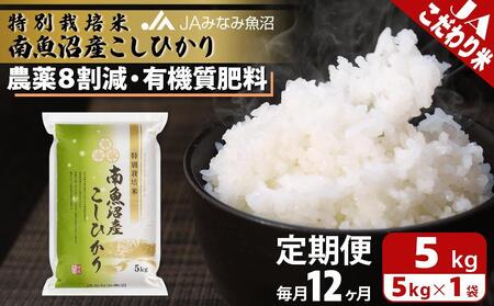 【JAみなみ魚沼定期便】特別栽培米南魚沼産こしひかり8割減（5kg×全12回）精米 農薬8割削減 有機肥料 精米HACCP認定工場 特A獲得日本一産地 高品質精米 もっちり甘い 南魚沼産コシヒカリ