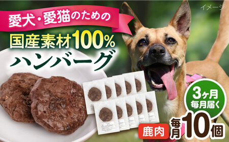 【全3回定期便】ペットフード 鹿肉 100%ハンバーグ 10個セット ペット 犬 猫 手作り 国産 てづくり こだわり ドッグフード  ドッグフード ペットフード 横須賀 【ペットフードYM japan】 [AKEX011]