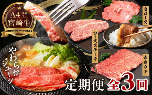 【3か月定期便】宮崎牛お楽しみ定期便|  牛肉 肉  3回 ロース ステーキ ウデ スライス 肩ロース 焼肉 サシ 霜降り ブランド牛 国産牛 和牛 グルメ お取り寄せ 贈り物 ギフト 贈答 プレゼント アウトドア キャンプ バーベキュー BBQ グランピング  |_Tk031-t019