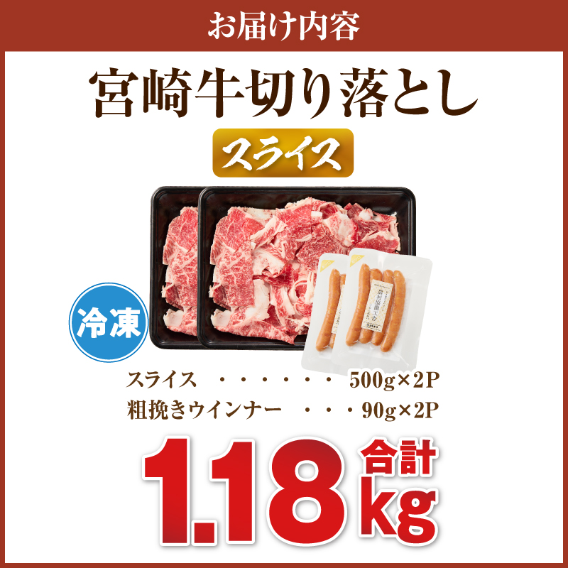 《訳あり》宮崎牛切り落とし(スライス)&粗挽きウインナー(合計1.18kg)_T030-2248【肉 牛 牛肉 国産 人気 ギフト 食品 お肉 焼き肉 BBQ お土産 贈り物 送料無料 プレゼント】