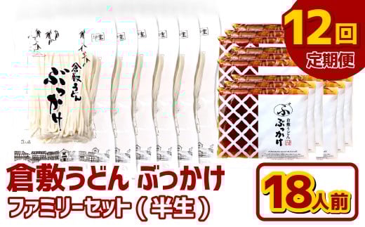 【12ヶ月定期便】『倉敷うどん ぶっかけ』ファミリーセット(半生) 18人前×12回 うどん 麺類 麺 半生 半生麺 ぶっかけうどん タレ つゆ 岡山県 倉敷市