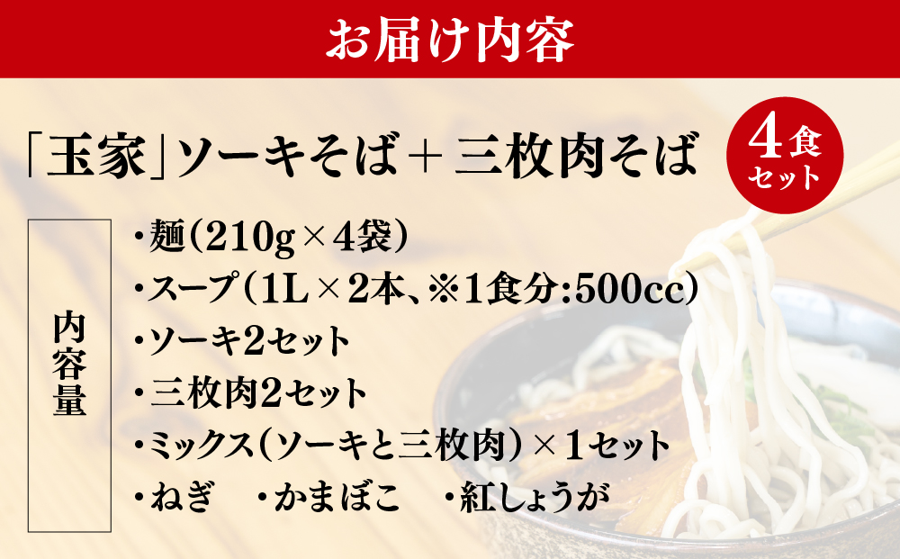 「玉家 豊崎店」のソーキそば＋三枚肉そば ４食セット ｜沖縄そば そば 沖縄 おきなわ 麺 麺類 ソーキ セット 玉家豊崎店 沖縄県 豊見城市 人気 送料無料 AA031