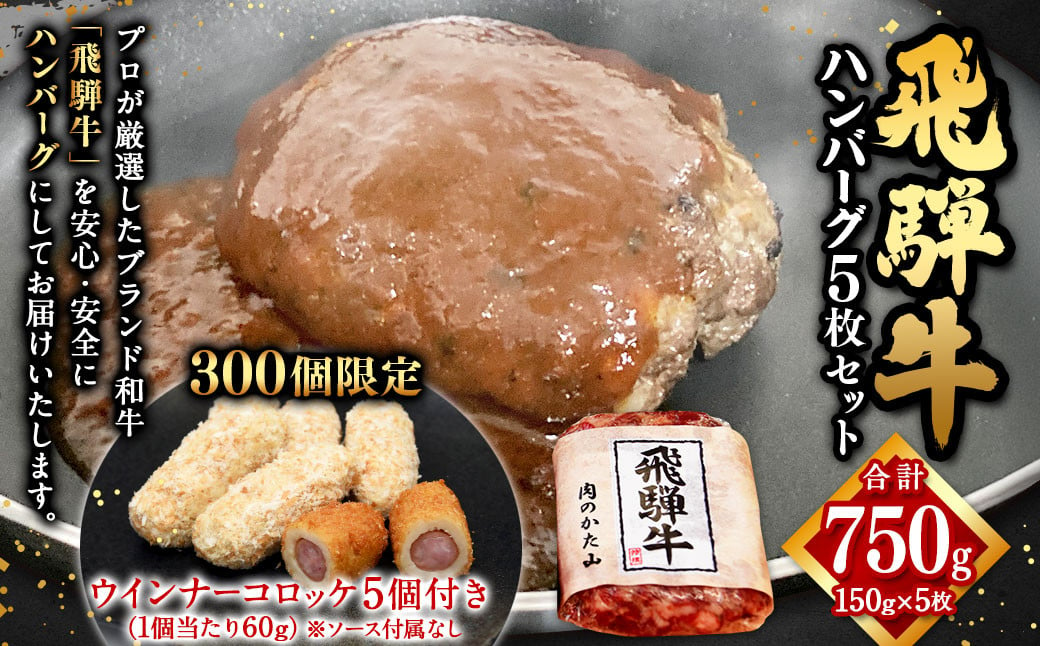 
            飛騨牛 ハンバーグ 5枚 セット（1枚150g）個数300個限定で ウインナー コロッケ 5個付き 1個当たり60g | 肉のかた山 牛肉 肉 お肉 冷凍 M16S29
          