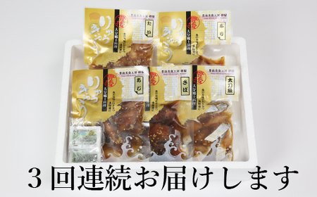 [9月発送開始]＜定期便・全3回(連続)＞大分郷土料理りゅうきゅう全5種(真鯛 ぶり 豊後あじ 豊後さば 太刀魚)各1食を3回お届け！(5種×1食×3回) 刺身 冷凍 セット 海鮮 漬け 産地直送 大