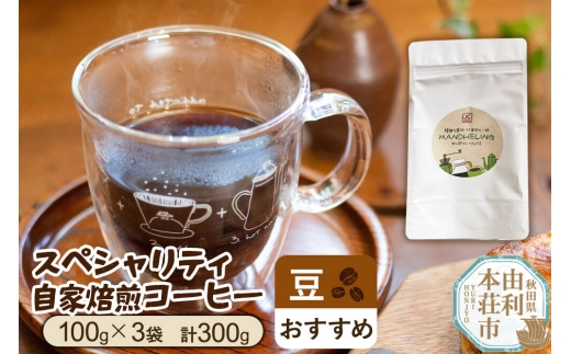 スペシャリティ自家焙煎コーヒー【豆】 おすすめ 300g（100g×3袋）＜クロネコゆうパケット＞ [珈琲 コーヒー スペシャルティコーヒー 豆 自家焙煎 煎りたて 飲料 ドリンク 秋田県 由利本荘市 珈琲豆専門彩豆]