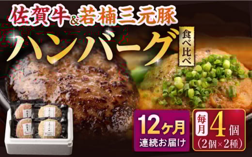 【2026年2月開始】【12回定期便】佐賀牛と若楠三元豚のハンバーグ 食べ比べセット 計4個（2種×2個）/ナチュラルフーズ [UBH084]