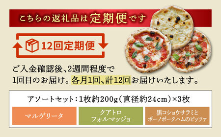 【12回定期便】天然酵母 石窯 ピザ 3枚 アソート セット 計36枚 直径 24cm 冷凍【Toki Italian SAI】ピザ PIZZA 国産 チーズ トマトソース バジル 蜂蜜 はちみつ サ