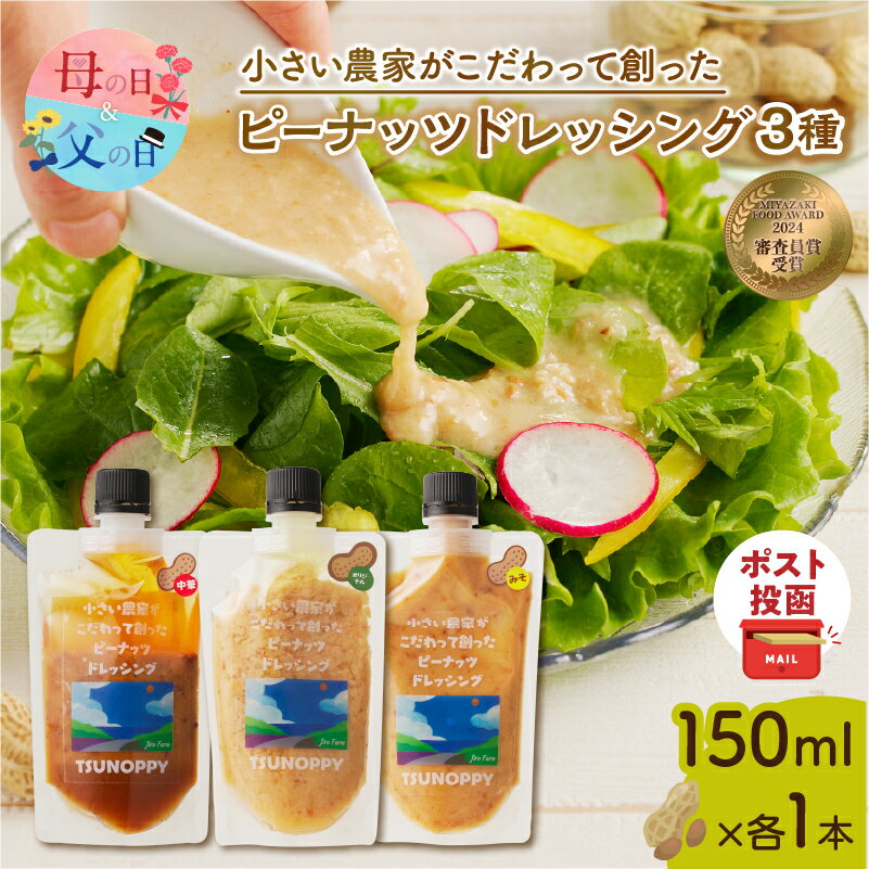 【ふるさと納税】【2週間以内発送】 ＼ポスト投函／ 小さい農家がこだわって創った ピーナッツドレッシング 3種 母の日 落花生 豆 オリジナル サラダ 鍋料理 中華 みそ 食べ比べ 加工品 食品 調味料 肉料理 魚料理 贈り物 人気 おすすめ ギフト 宮崎県 都農町 送料無料