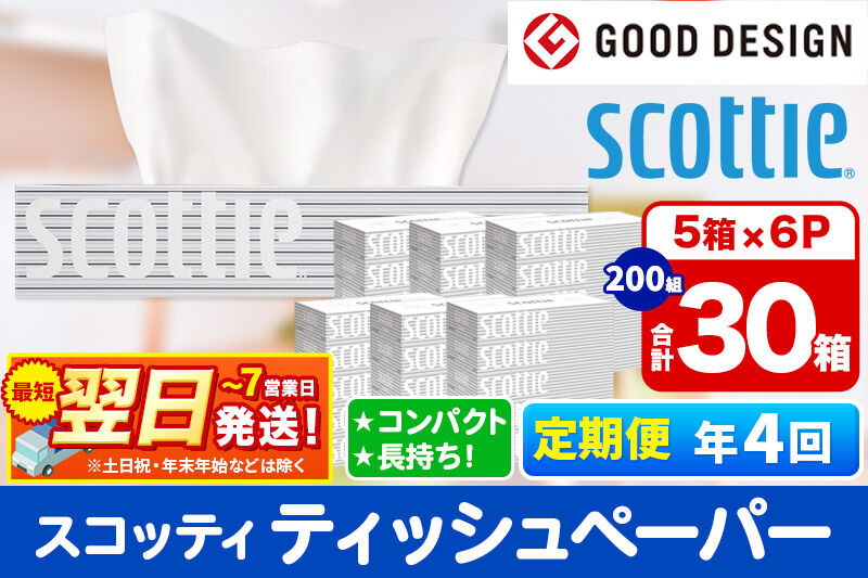 《3ヶ月ごとに4回お届け》定期便 ティッシュペーパー スコッティ 200組 30箱(5箱×6パック) ティッシュ 秋田市オリジナル 最短翌日発送 [ティッシュ ボックスティッシュ スコッティ(SCOT