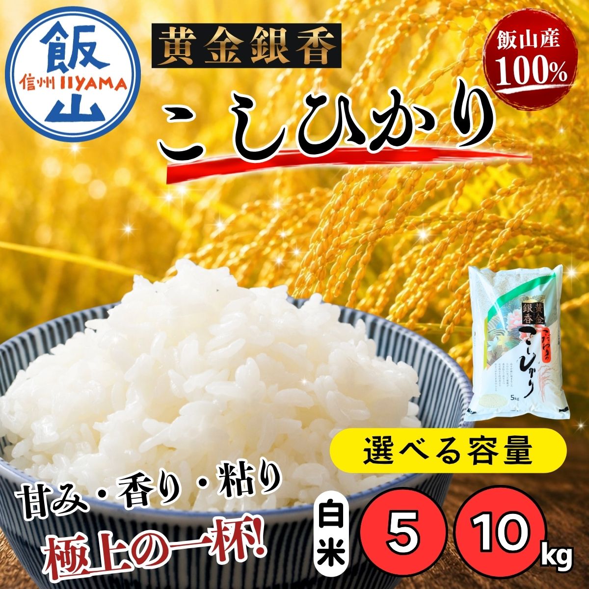 【ふるさと納税】《令和7年産》 ＼コシヒカリ／ 黄金銀香 飯山産 こしひかり 選べる容量 5kg / 10kg 精米 （有）小島 ｜ 長野県 飯山市 信州産 米 コメ 米 ごはん 白米 お試し おいしい おすすめ ギフト プレゼント 小分け 便利 お米 特A こりひかり（Cr）