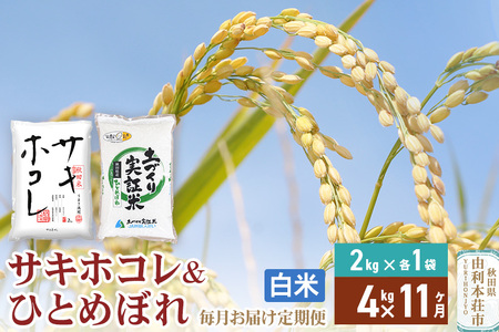 《定期便11ヶ月》【白米】令和7年産 サキホコレ2kg・土づくり実証米ひとめぼれ2kg (計4kg) ×11回 計44kg 精米 特A評価米 秋田県産