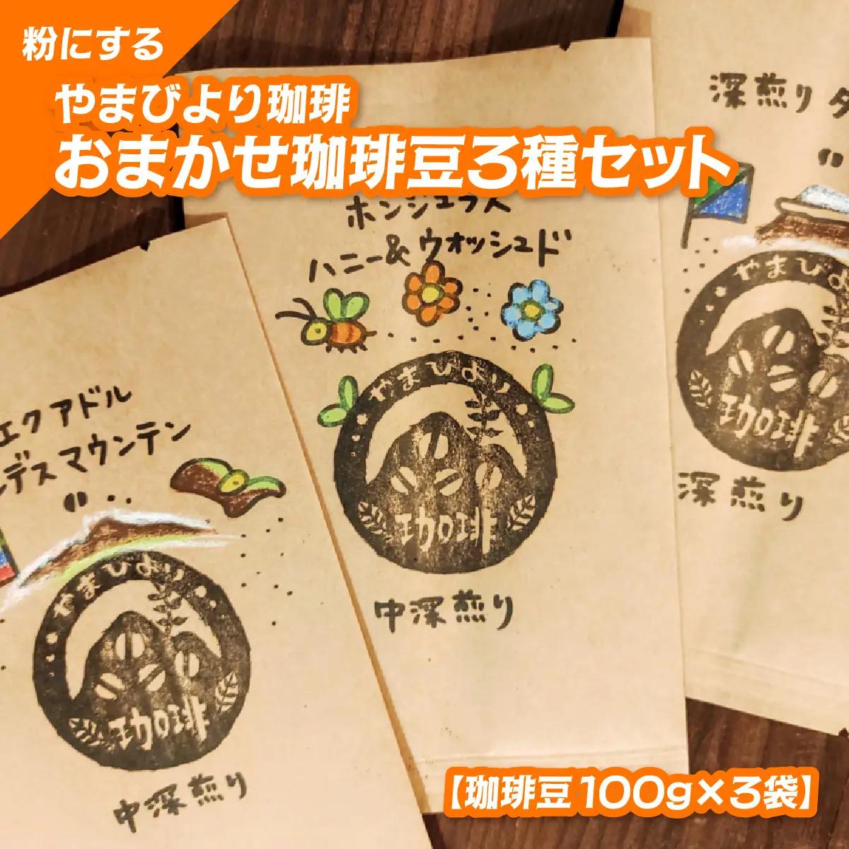 【粉にする】やまびより珈琲 おまかせ珈琲豆3種セット【珈琲豆100g×3袋】 煎りたて 新鮮 香り高い まろやか 焙煎度選べる 深煎り 香り コク バランス 苦味 酸味少なめ HNNAF007