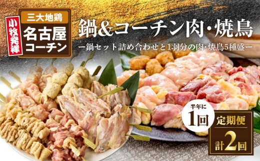 
                  【半年に1回　計2回定期便】名古屋コーチン鍋&名古屋コーチン1羽分セット・名古屋コーチン焼鳥セット 日本三大地鶏 鍋セット 鶏肉 もも肉 むね肉 ササミ 肉団子 鍋料理 焼き鳥セット
                
