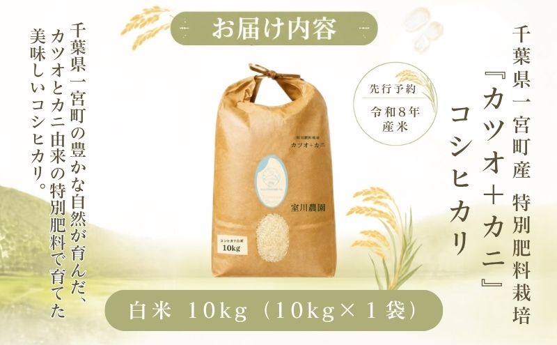 千葉県一宮町産特別肥料栽培『カツオ＋カニ』コシヒカリ（白米１０㎏）令和８年産米【2026年発送分】先行予約　一等米　10kg　１袋　白米　精米　先行予約