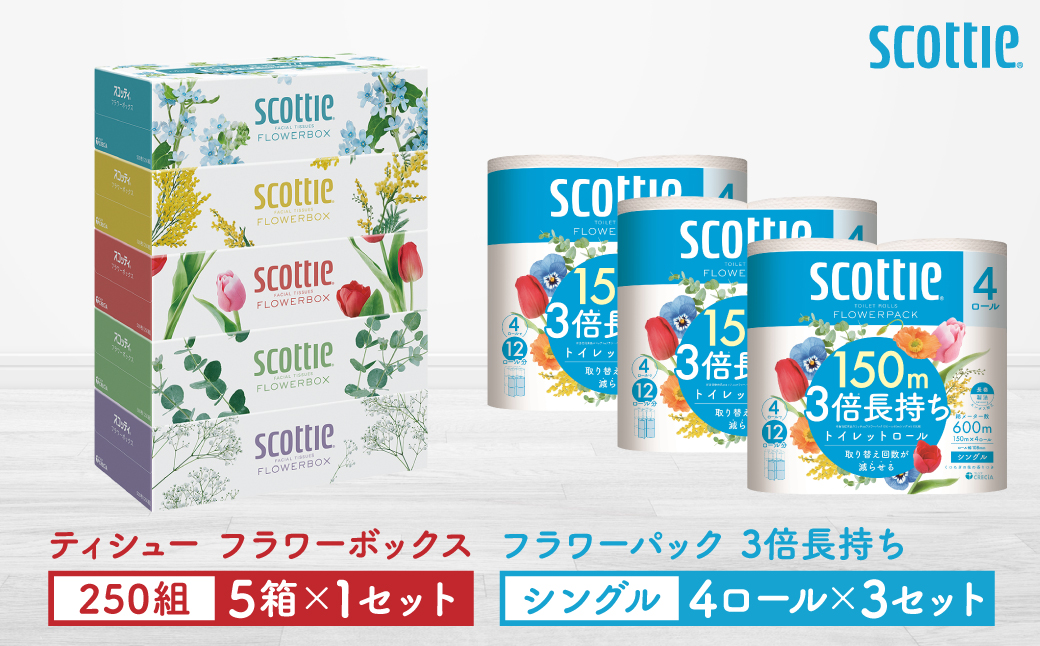 【スコッティ】ティシュー フラワーボックス 250組（5箱パック×1セット）＋フラワーパック 3倍長持ち（4ロール(シングル)パックx3セット）ティッシュ トイレットペーパー 日用品